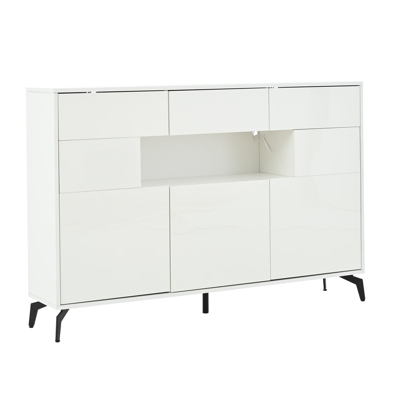 Buffet blanc brillant niche au centre avec éclairage LED intelligent 3 tiroirs 5 portes SEPTAL