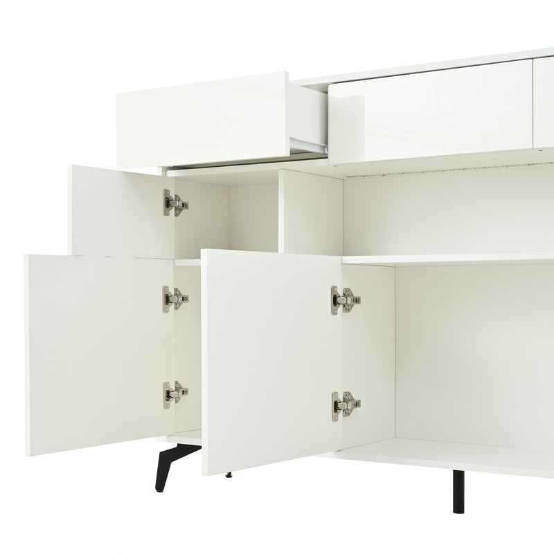 Buffet blanc brillant niche au centre avec éclairage LED intelligent 3 tiroirs 5 portes SEPTAL