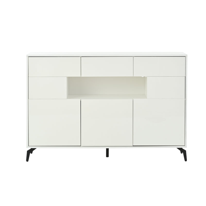 Buffet blanc brillant niche au centre avec éclairage LED intelligent 3 tiroirs 5 portes SEPTAL