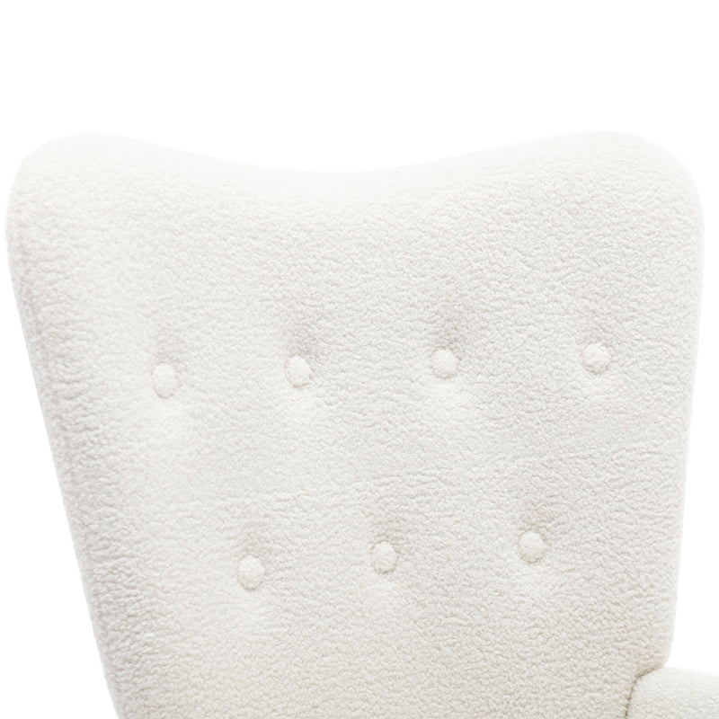 Fauteuil relax tissu Teddy polaire bouclette blanc scandinave repose-pieds assorti pieds dorés SUGEL