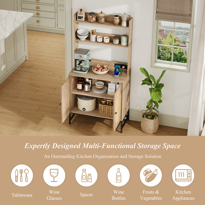 Buffet haute en MDF décor chêne naturel avec portes en rotin, prise USB intégrée PEAKFLOW