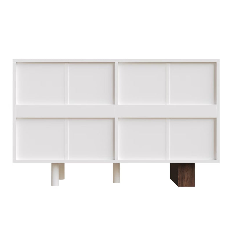 Buffet blanc effet bois façade géométrique en relief 6 tiroirs, porte push-to-pop UMPHU