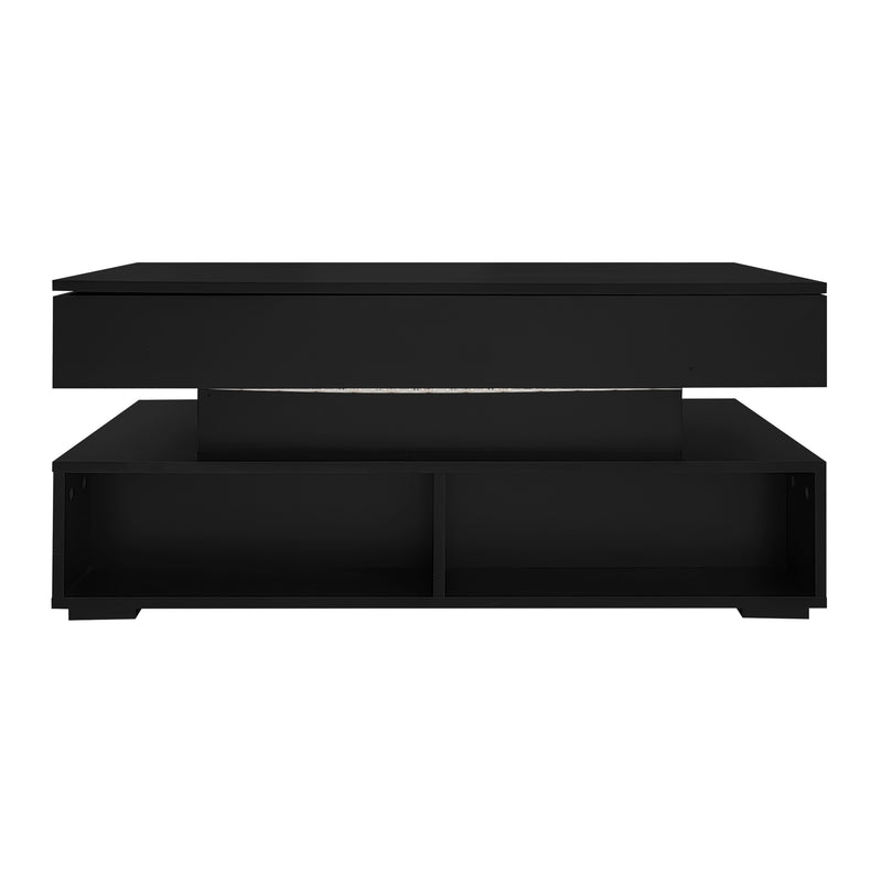 Table basse noir plateau relevable à hauteur réglable 2 tiroirs et espace de rangement ouvert avec éclairage LED 100*50*44 cm ZAKS BLACK