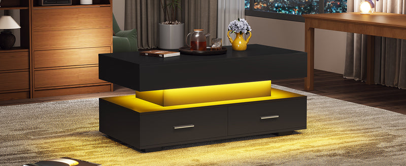 Table basse noir plateau relevable à hauteur réglable 2 tiroirs et espace de rangement ouvert avec éclairage LED 100*50*44 cm ZAKS BLACK