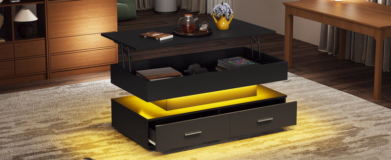 Table basse noir plateau relevable à hauteur réglable 2 tiroirs et espace de rangement ouvert avec éclairage LED 100*50*44 cm ZAKS BLACK