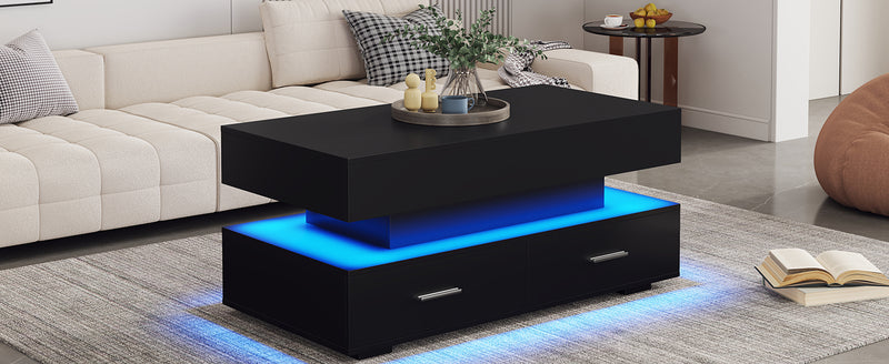 Table basse noir plateau relevable à hauteur réglable 2 tiroirs et espace de rangement ouvert avec éclairage LED 100*50*44 cm ZAKS BLACK