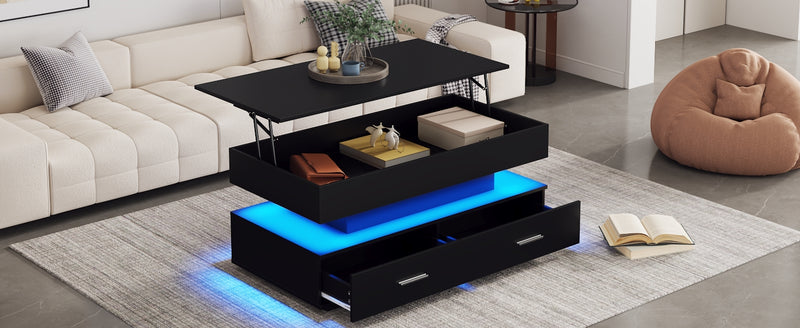 Table basse noir plateau relevable à hauteur réglable 2 tiroirs et espace de rangement ouvert avec éclairage LED 100*50*44 cm ZAKS BLACK