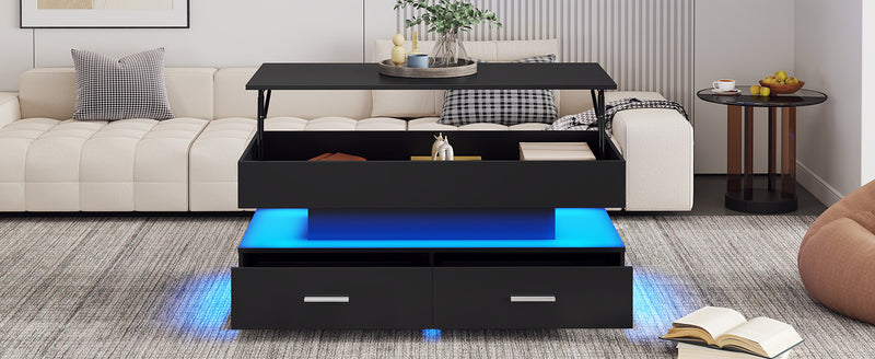 Table basse noir plateau relevable à hauteur réglable 2 tiroirs et espace de rangement ouvert avec éclairage LED 100*50*44 cm ZAKS BLACK