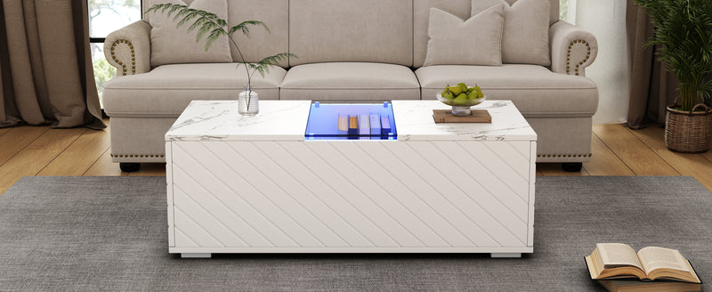 Table basse moderne blanche effet marbre, éclairage LED, élément en verre et 2 tiroirs Kregmots