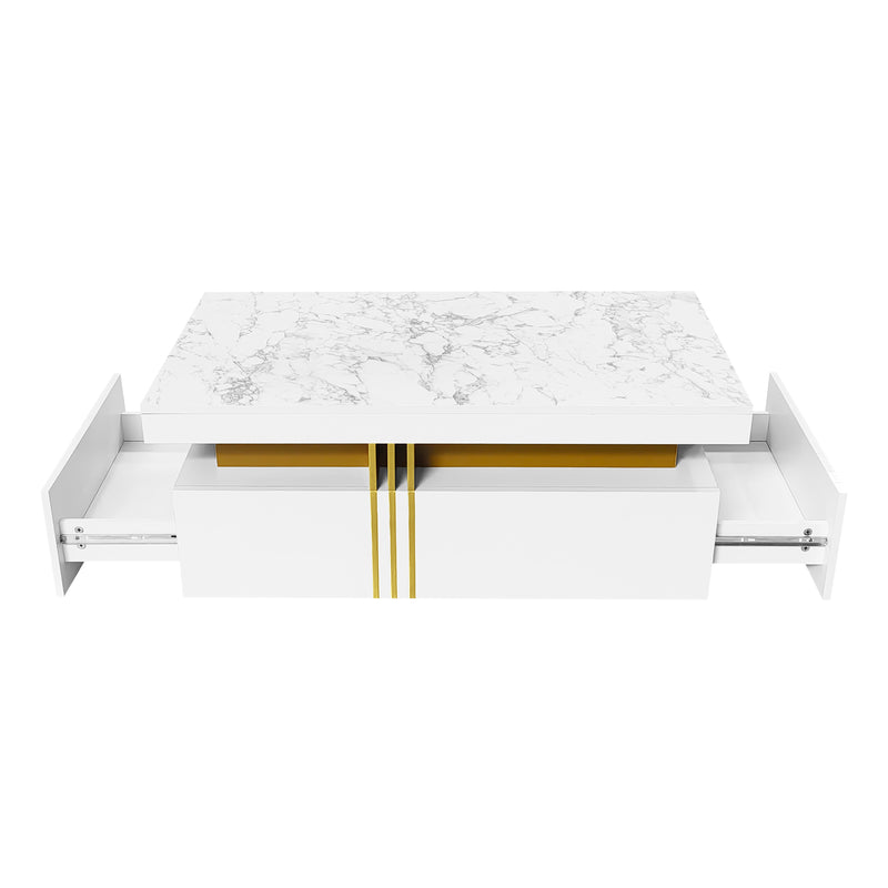 Table basse rectangulaire effet marbre blanche brillante avec 2 tiroirs 100*50*40 cm GEVREITS WHITE