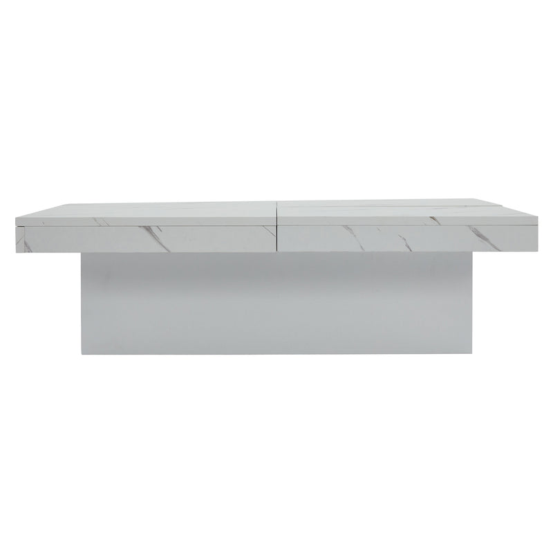 Table basse carrée moderne blanche effet marbre 4 tiroirs plateau coulissant 90x90x25cm Khekried