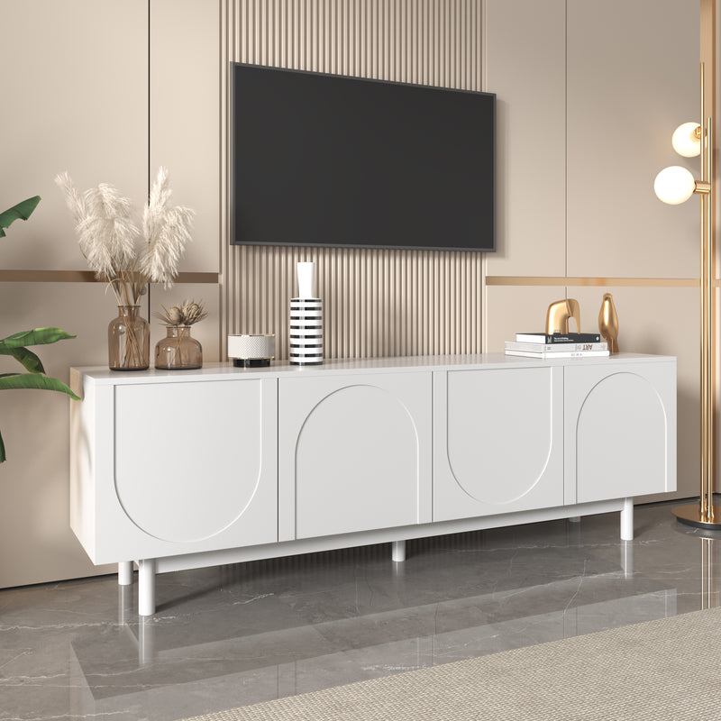 Meuble TV blanc style luxe portes texturées forme de U AEKRON