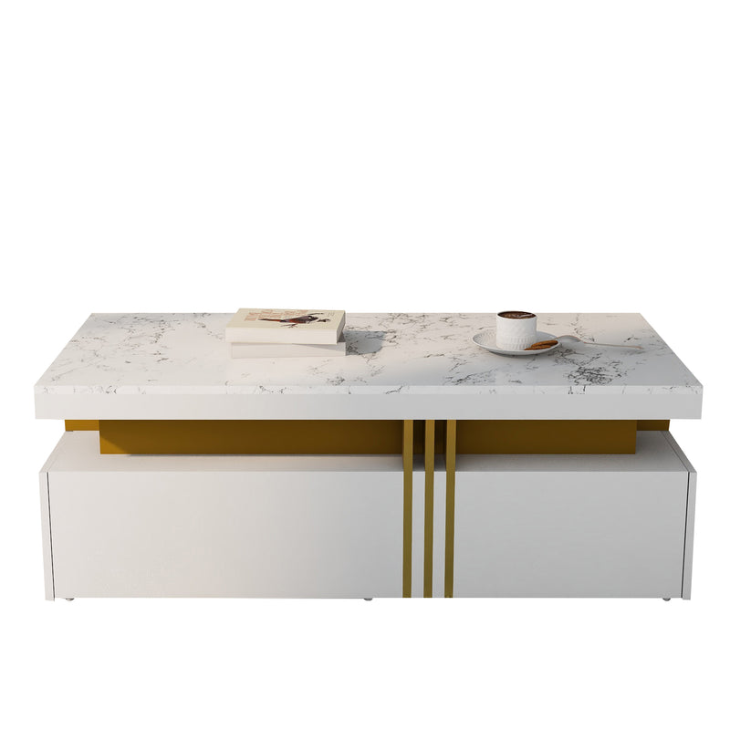 Table basse rectangulaire effet marbre blanche brillante avec 2 tiroirs 100*50*40 cm GEVREITS WHITE