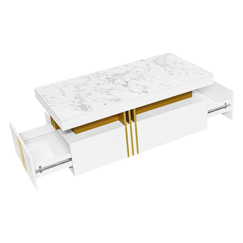 Table basse rectangulaire effet marbre blanche brillante avec 2 tiroirs 100*50*40 cm GEVREITS WHITE