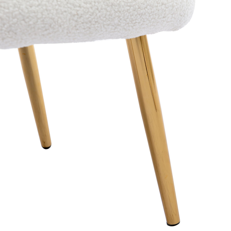 Fauteuil relax tissu Teddy polaire bouclette blanc scandinave repose-pieds assorti pieds dorés SUGEL