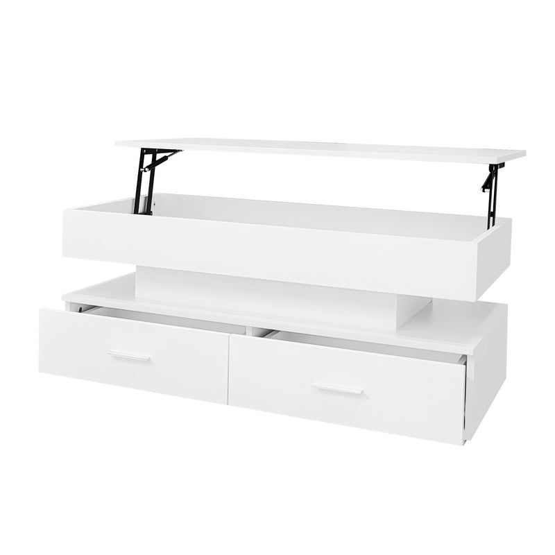 Table basse blanche plateau relevable à hauteur réglable 2 tiroirs et espace de rangement ouvert avec éclairage LED 100*50*44 cm ZAKS WHITE