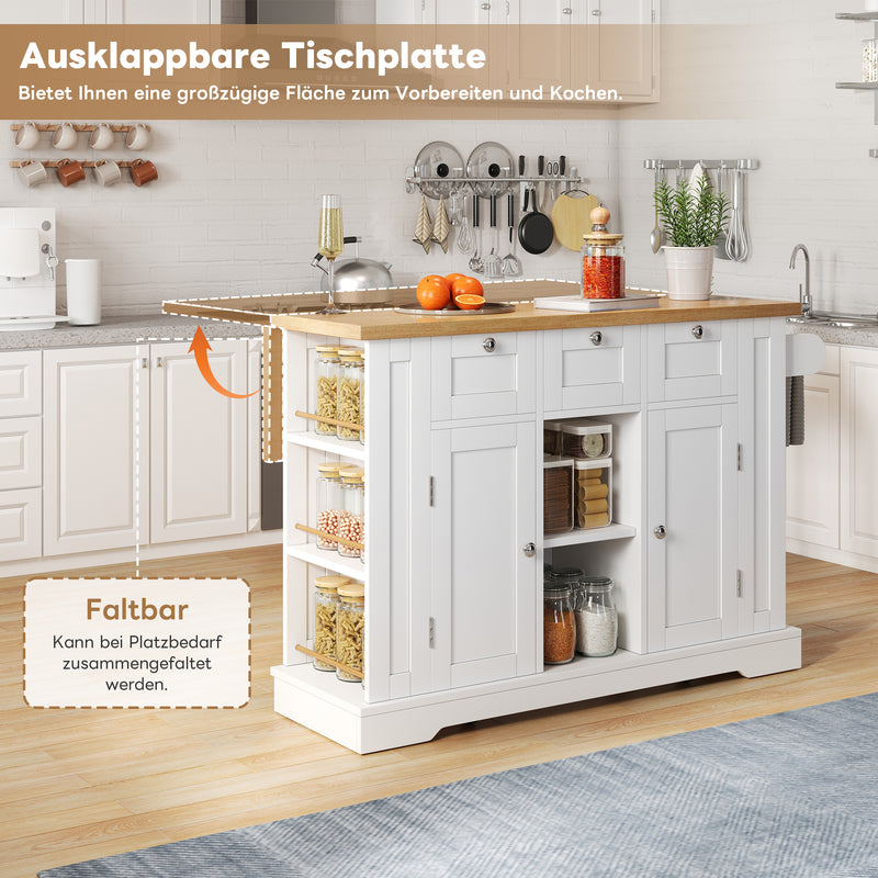 Îlot de cuisine blanc et effet bois avec plateau extensible, rangement et ports USB AMYLOPECT