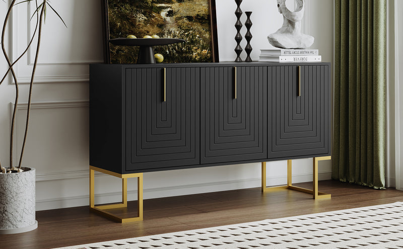 Commode buffet haut avec 3 portes noir mat motif de forme U H81/B138/T40 CRUUGREN BLACK