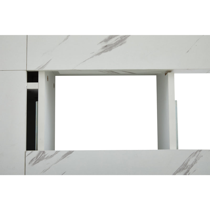 Table basse carrée moderne blanche effet marbre 4 tiroirs plateau coulissant 90x90x25cm Khekried