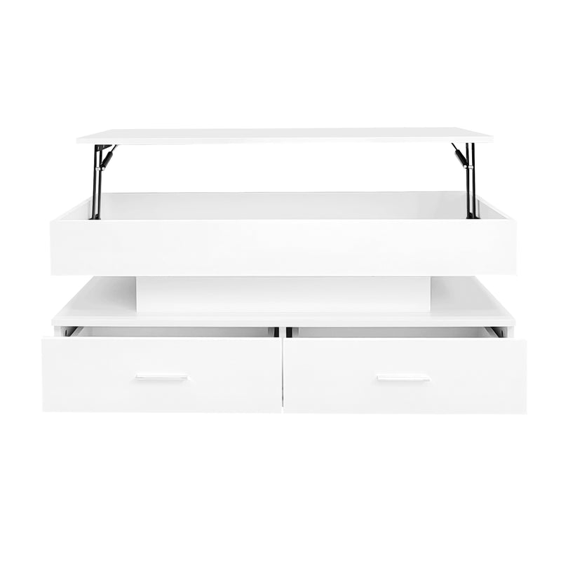 Table basse blanche plateau relevable à hauteur réglable 2 tiroirs et espace de rangement ouvert avec éclairage LED 100*50*44 cm ZAKS WHITE