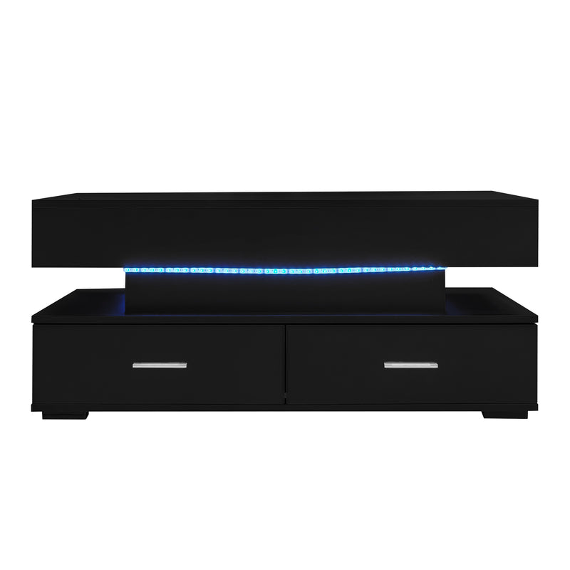 Table basse noir plateau relevable à hauteur réglable 2 tiroirs et espace de rangement ouvert avec éclairage LED 100*50*44 cm ZAKS BLACK