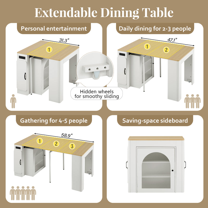 Îlot de cuisine mobile et table à manger extensible avec roulettes, éclairage LED avec prises intégrées (blanc et bois naturel) SALNIED