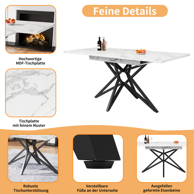 Table à manger extensible imitation marbre blanc 120-160cm et pieds noir en forme d&