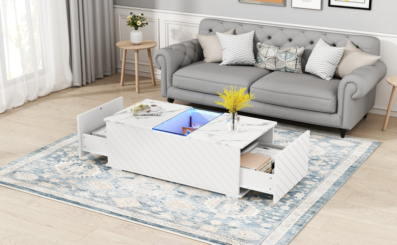 Table basse moderne blanche effet marbre, éclairage LED, élément en verre et 2 tiroirs Kregmots