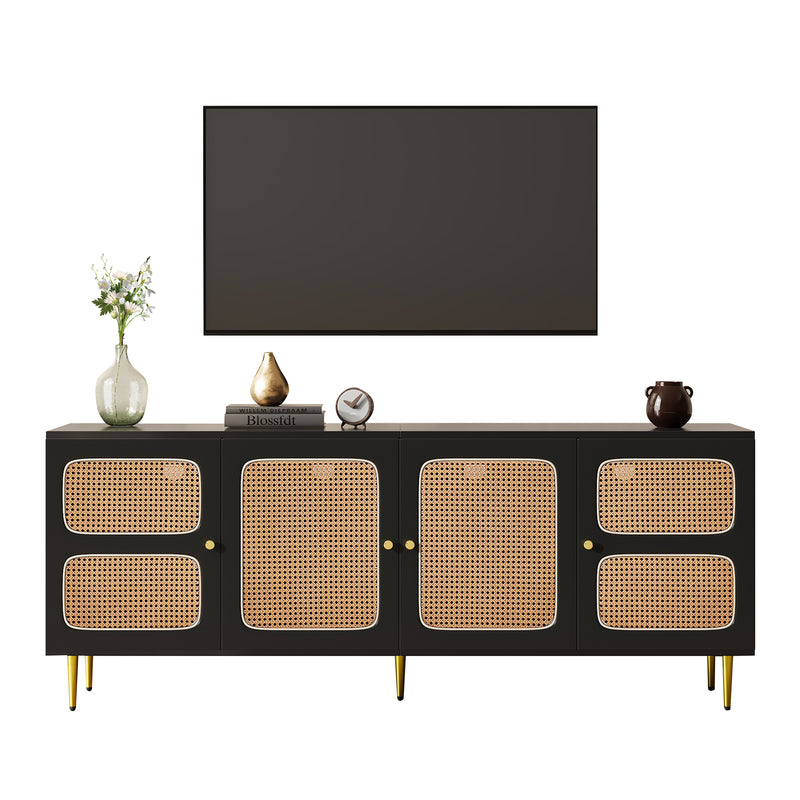 Meuble TV en rotin noir avec 4 portes en rotin, pieds et poignets dorés meubles 180x40x72cm Drezuid