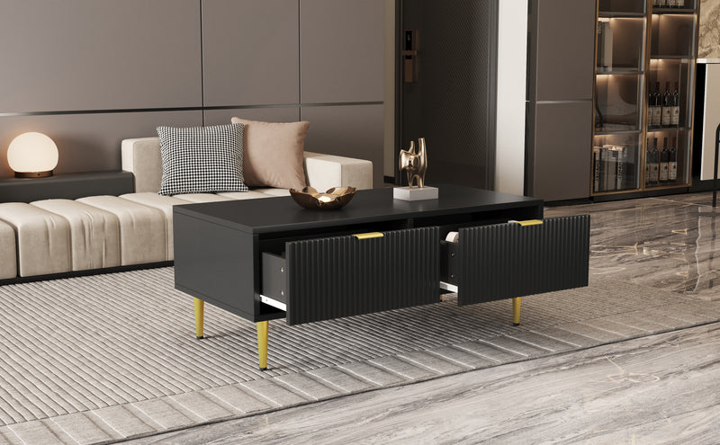 Table basse élégante noire avec poignets et pieds dorées 2 tiroirs design à rayures verticales STRUX BLACK