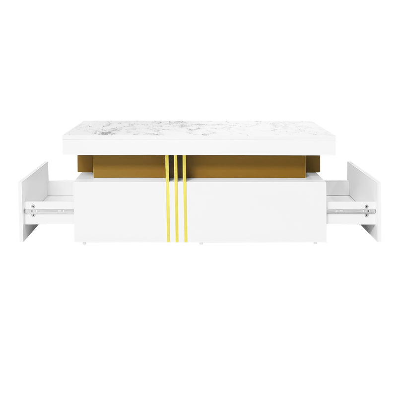 Table basse rectangulaire effet marbre blanche brillante avec 2 tiroirs 100*50*40 cm GEVREITS WHITE