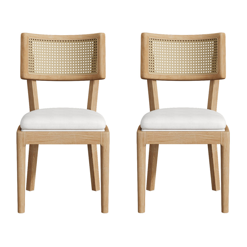Lot de 2 chaises de salle à manger en bois massif, dossier en rotin tressé et coussins en lin beige COTYLEDON