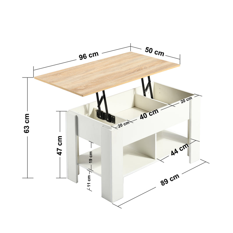 Table basse avec plateau relevable effet bois et blanc 96*50 ELOT WHITE OAK 96