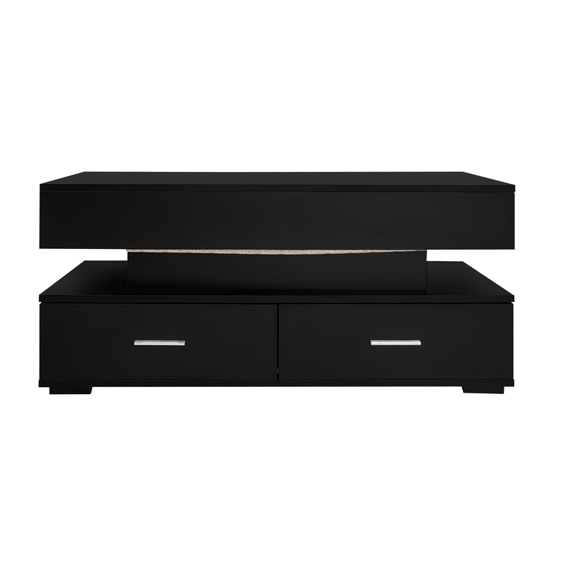 Table basse noir plateau relevable à hauteur réglable 2 tiroirs et espace de rangement ouvert avec éclairage LED 100*50*44 cm ZAKS BLACK