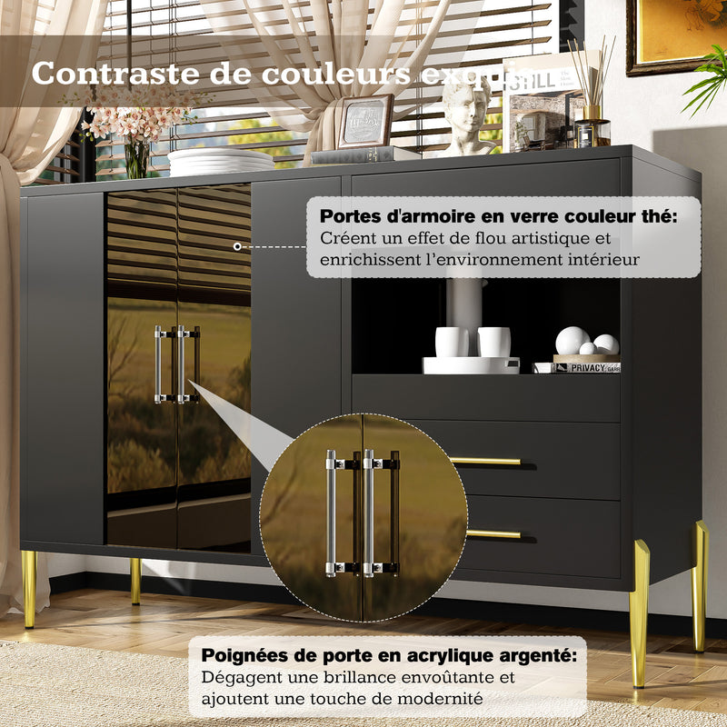 Buffet noir luxueux une niche, 3 tirioirs et 1 porte verre teinté poignées et pieds dorés QELGUKS
