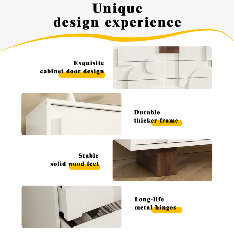 Buffet blanc effet bois façade géométrique en relief 6 tiroirs, porte push-to-pop UMPHU