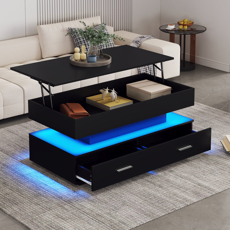 Table basse noir plateau relevable à hauteur réglable 2 tiroirs et espace de rangement ouvert avec éclairage LED 100*50*44 cm ZAKS BLACK