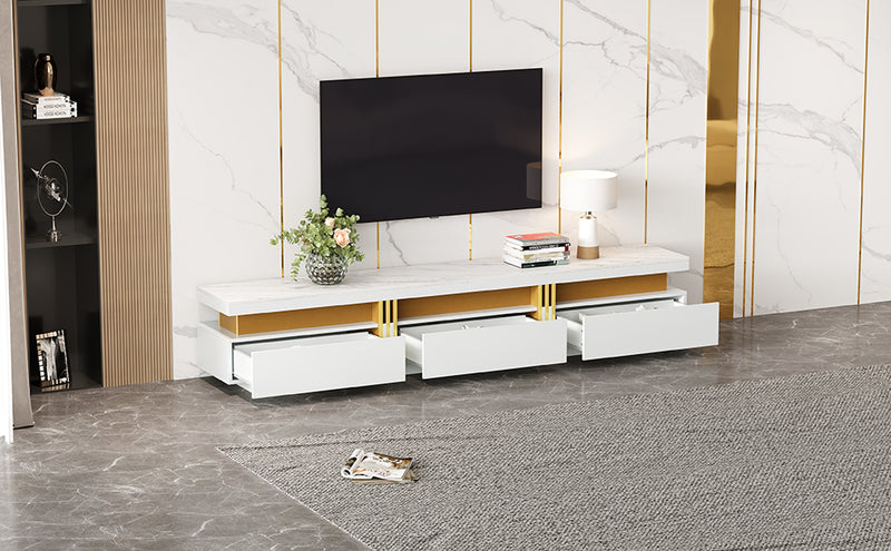 Meuble TV moderne blanc doré effet marbre avec trois tiroirs 200x40x42cm THENZOIR WHITE