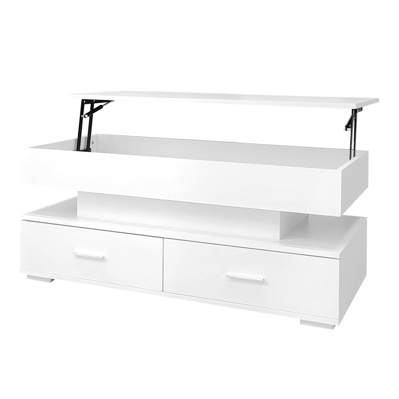 Table basse blanche plateau relevable à hauteur réglable 2 tiroirs et espace de rangement ouvert avec éclairage LED 100*50*44 cm ZAKS WHITE