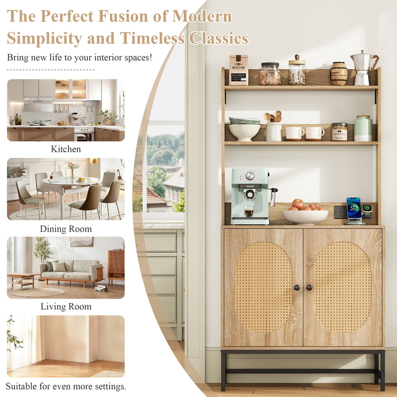 Buffet haute en MDF décor chêne naturel avec portes en rotin, prise USB intégrée PEAKFLOW