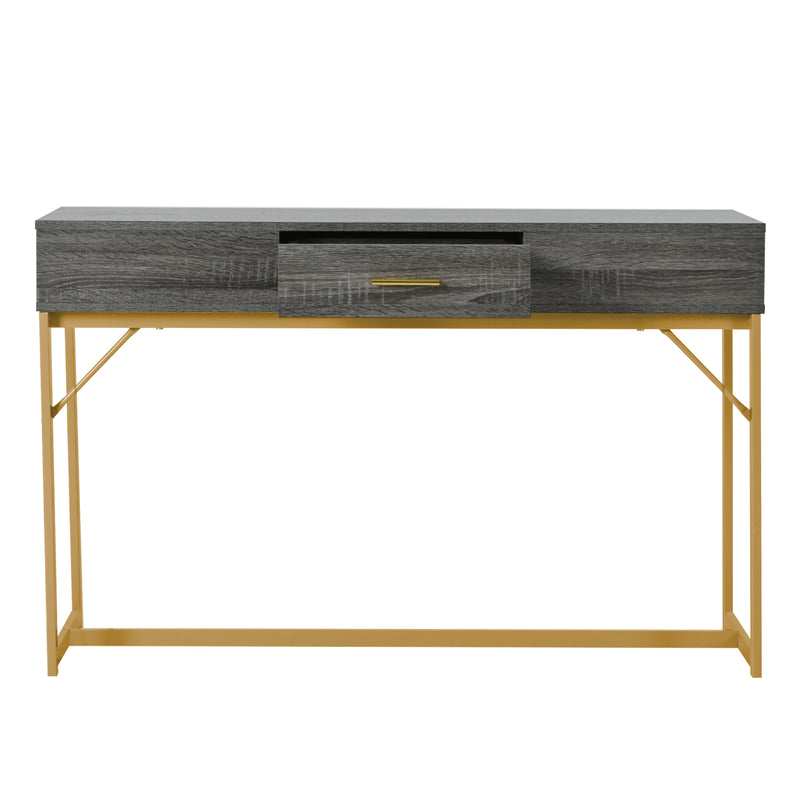 Table console style luxe effet bois gris structure couleur dorée 120x38x76 cm BHIECUD