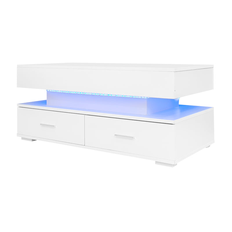 Table basse blanche plateau relevable à hauteur réglable 2 tiroirs et espace de rangement ouvert avec éclairage LED 100*50*44 cm ZAKS WHITE