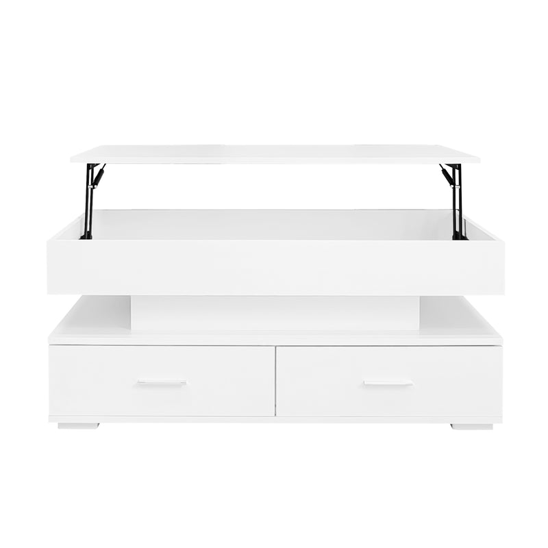 Table basse blanche plateau relevable à hauteur réglable 2 tiroirs et espace de rangement ouvert avec éclairage LED 100*50*44 cm ZAKS WHITE