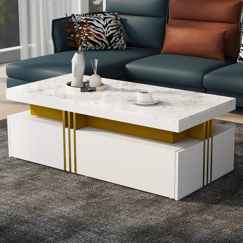 Table basse rectangulaire effet marbre blanche brillante avec 2 tiroirs 100*50*40 cm GEVREITS WHITE