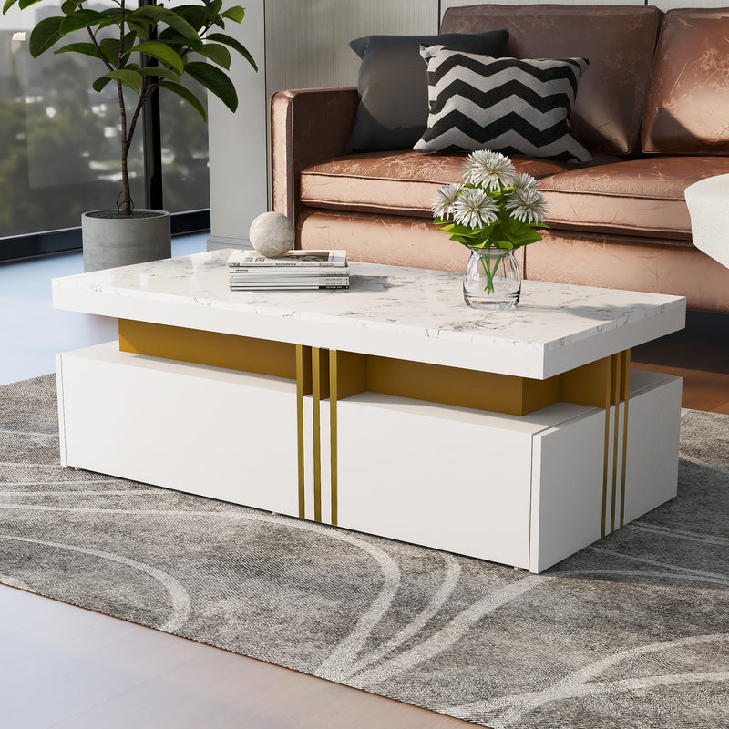 Table basse rectangulaire effet marbre blanche brillante avec 2 tiroirs 100*50*40 cm GEVREITS WHITE