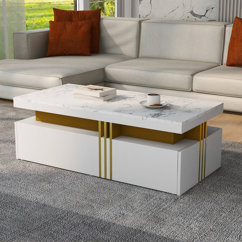 Table basse rectangulaire effet marbre blanche brillante avec 2 tiroirs 100*50*40 cm GEVREITS WHITE