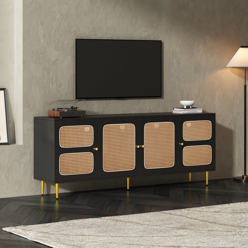 Meuble TV en rotin noir avec 4 portes en rotin, pieds et poignets dorés meubles 180x40x72cm Drezuid