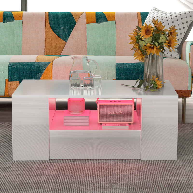 Table basse moderne meubles de salon haute brillance 2 tiroirs et 2 étagères 95 x 53 x 37 cm Duzoith