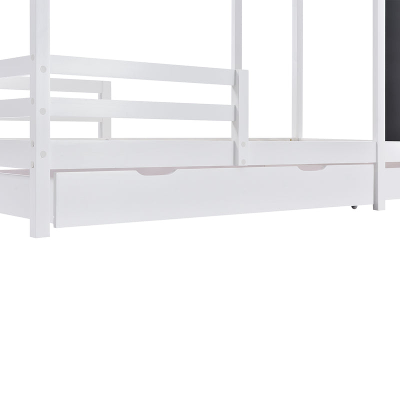 Lit enfant lit cabane blanc 90 x 200 cm maison bois massif avec clôture et sommier à lattes 2 tiroirs roulettes rangement, tableau noir (sans matelas) CHOLLUD