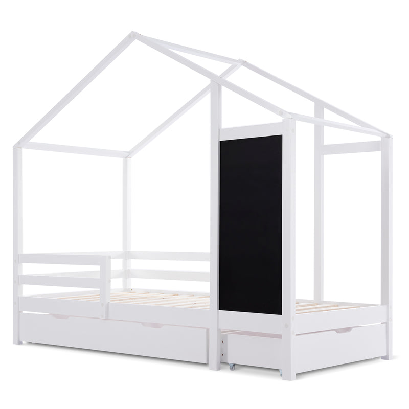 Lit enfant lit cabane blanc 90 x 200 cm maison bois massif avec clôture et sommier à lattes 2 tiroirs roulettes rangement, tableau noir (sans matelas) CHOLLUD